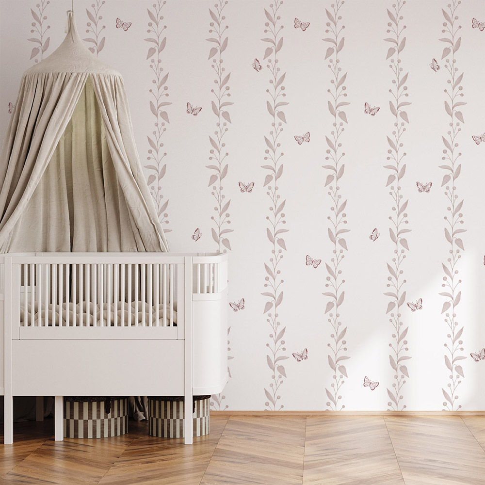 Papel Jardim Bolinhas Listras Rosa - Imagem de Ambiente