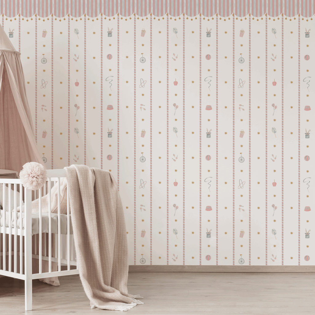 Papel Circo Listras Toldo Divertido Rosa - Imagem de Ambiente