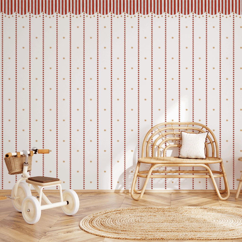 Papel Circo Listras Toldo Estrelas Rosa - Imagem de Ambiente