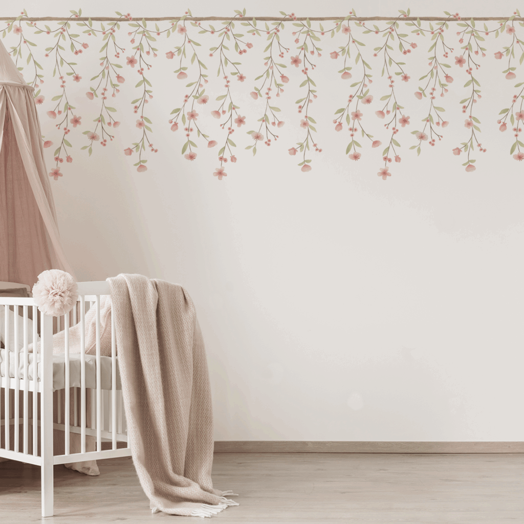 Papel Floral Ramalhetes Cascata Rosa - Imagem de Ambiente