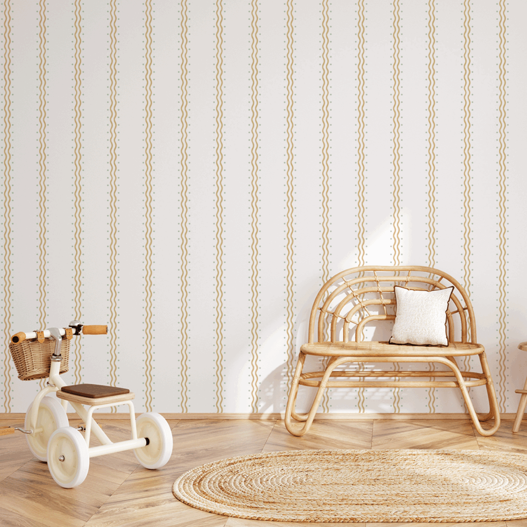 Papel Ondinhas Duplas Mostarda Verde - Imagem de Ambiente