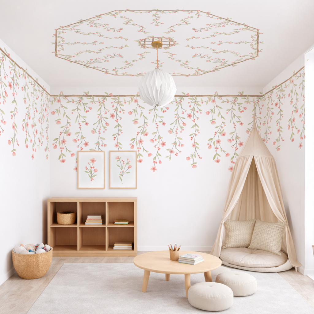 Papel Teto Ramalhetes Cascata Rosa - Imagem de Ambiente